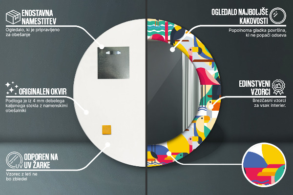 Oglinda rotunda rama cu imprimeu Păsări tropicale geometrice