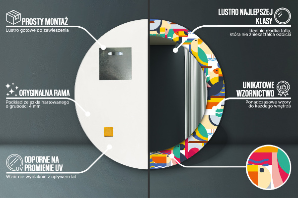 Oglinda rotunda rama cu imprimeu Păsări tropicale geometrice