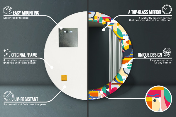 Oglinda rotunda rama cu imprimeu Păsări tropicale geometrice