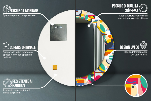 Oglinda rotunda rama cu imprimeu Păsări tropicale geometrice