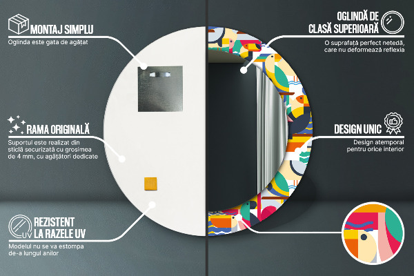 Oglinda rotunda rama cu imprimeu Păsări tropicale geometrice