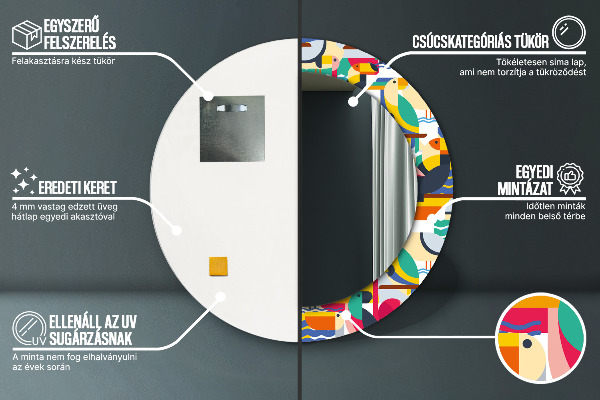 Oglinda rotunda rama cu imprimeu Păsări tropicale geometrice