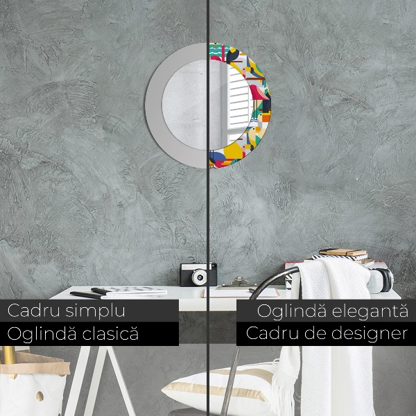 Oglinda rotunda rama cu imprimeu Păsări tropicale geometrice
