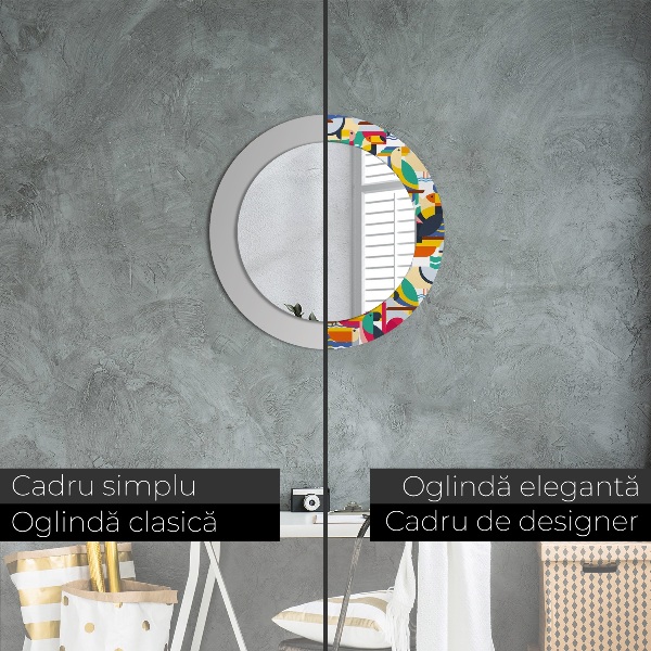 Oglinda rotunda rama cu imprimeu Păsări tropicale geometrice