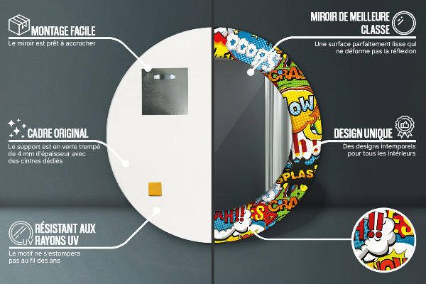 Oglinda rotunda rama cu imprimeu Model de stil comic