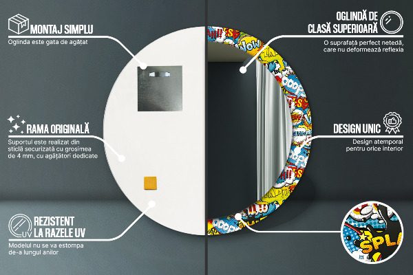 Oglinda rotunda rama cu imprimeu Model de stil comic