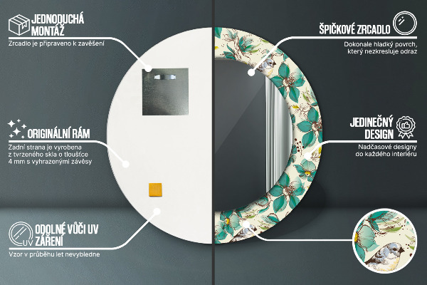 Oglinda cu decor rotunda Flori și păsări