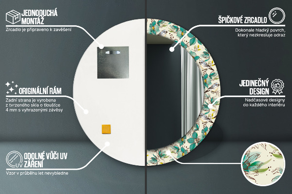 Oglinda cu decor rotunda Flori și păsări