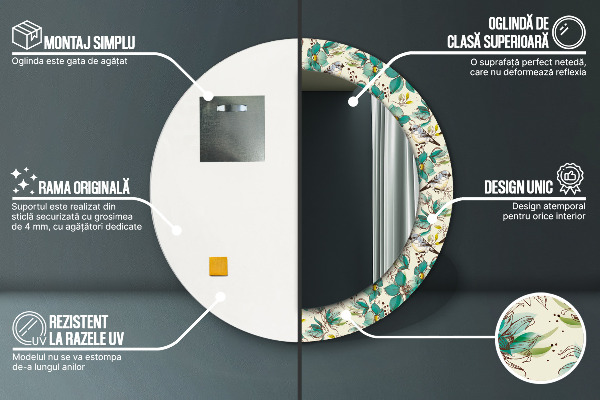 Oglinda cu decor rotunda Flori și păsări