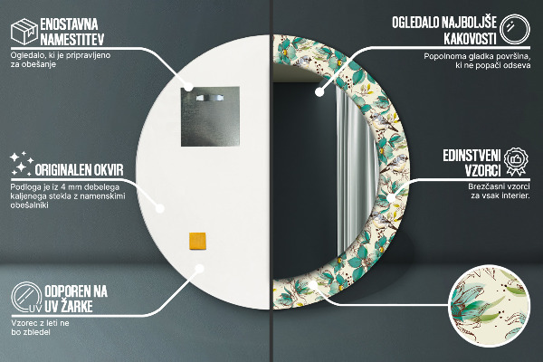 Oglinda cu decor rotunda Flori și păsări