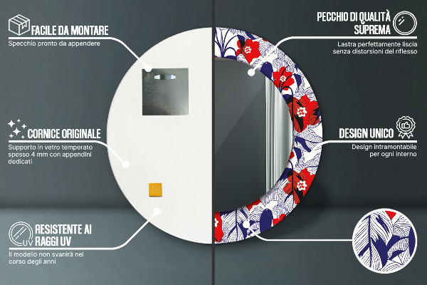 Decoratiuni perete cu oglinda Filodendron și flori roșii