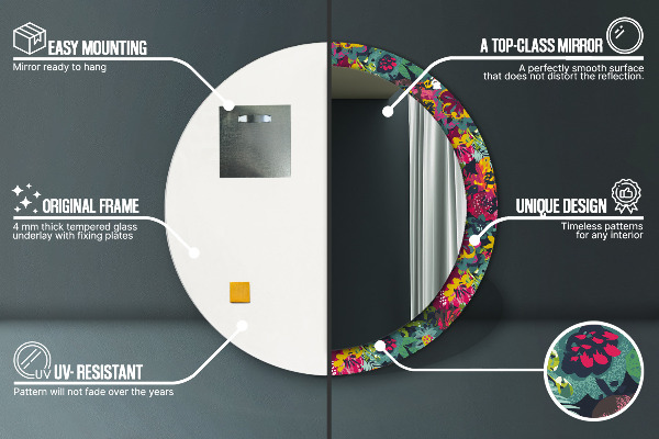 Oglinda rotunda rama cu imprimeu Flori pictate manual