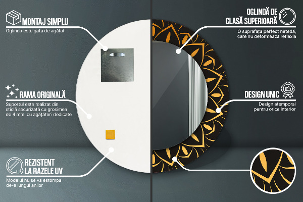 Oglinda rotunda rama cu imprimeu Mandala de aur