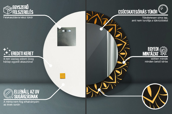 Oglinda rotunda rama cu imprimeu Mandala de aur