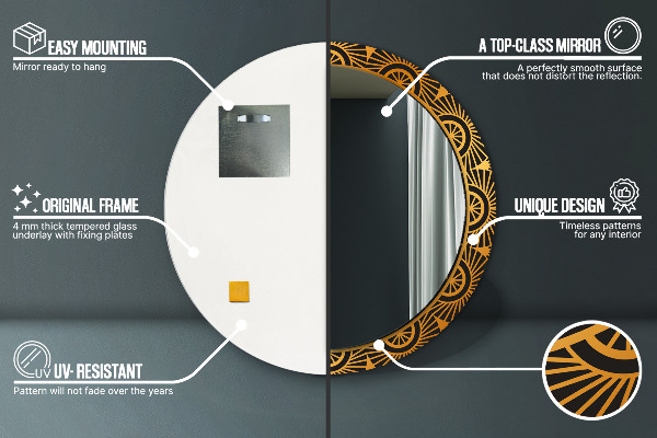 Oglinda rotunda rama cu imprimeu Mandala de aur