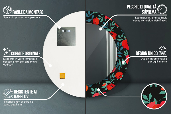 Oglinda cu decor rotunda Semințe de mac roșu