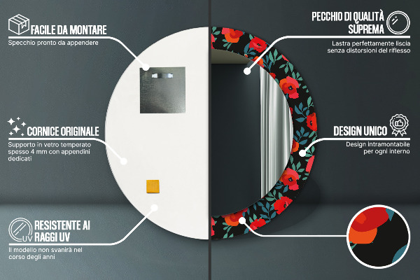 Oglinda cu decor rotunda Semințe de mac roșu