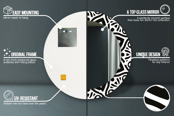 Oglinda rotunda rama cu imprimeu Ornament geometric negru