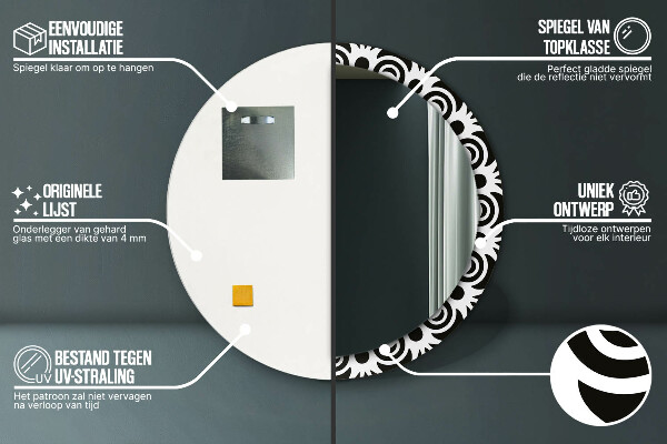 Oglinda rotunda rama cu imprimeu Ornament geometric negru