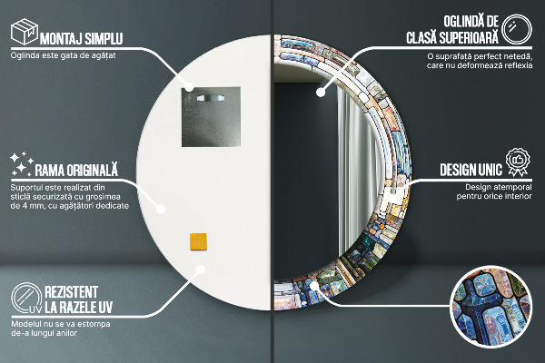 Oglinda rotunda rama cu imprimeu Fereastră abstractă de vitralii