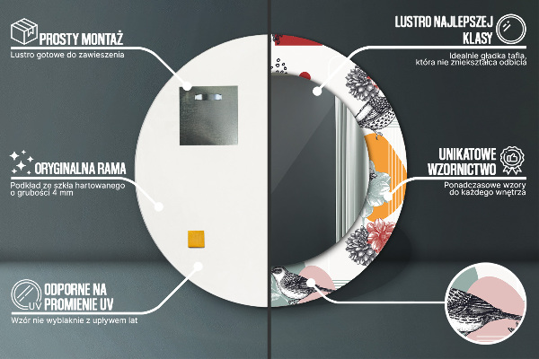 Oglinda rotunda rama cu imprimeu Abstracție cu păsări