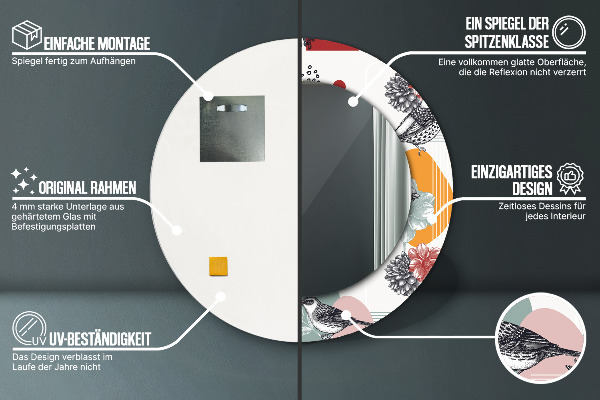 Oglinda rotunda rama cu imprimeu Abstracție cu păsări