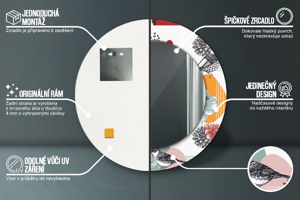 Oglinda rotunda rama cu imprimeu Abstracție cu păsări