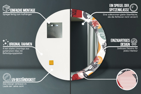 Oglinda rotunda rama cu imprimeu Abstracție cu păsări