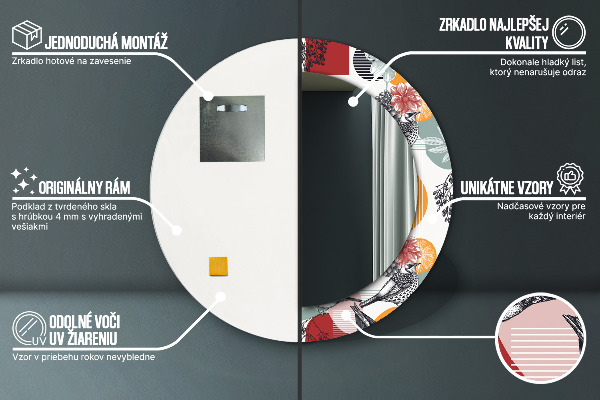 Oglinda rotunda rama cu imprimeu Abstracție cu păsări