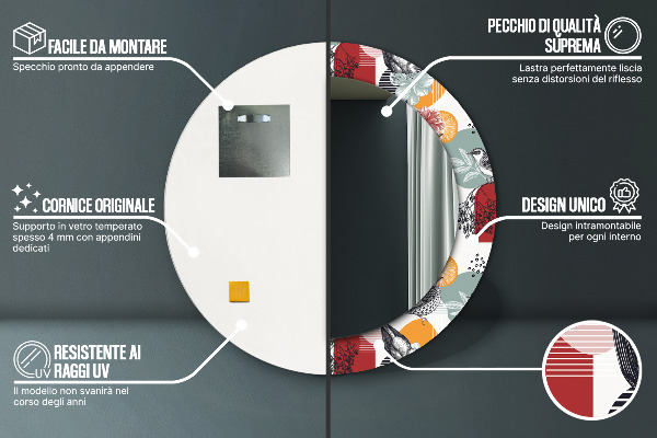 Oglinda rotunda rama cu imprimeu Abstracție cu păsări