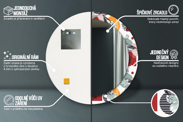 Oglinda rotunda rama cu imprimeu Abstracție cu păsări