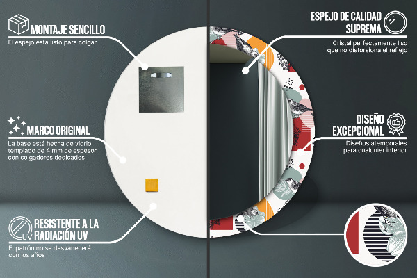 Oglinda rotunda rama cu imprimeu Abstracție cu păsări