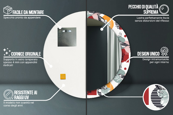 Oglinda rotunda rama cu imprimeu Abstracție cu păsări