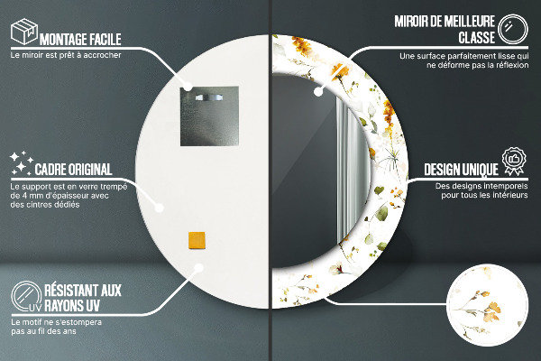 Oglinda rotunda rama cu imprimeu Flori de câmp