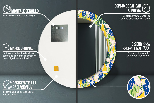 Oglinda rotunda imprimata Orhidee albastre și galbene