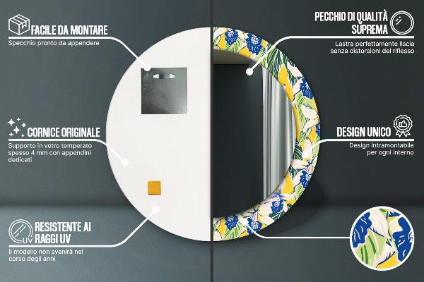 Oglinda rotunda imprimata Orhidee albastre și galbene