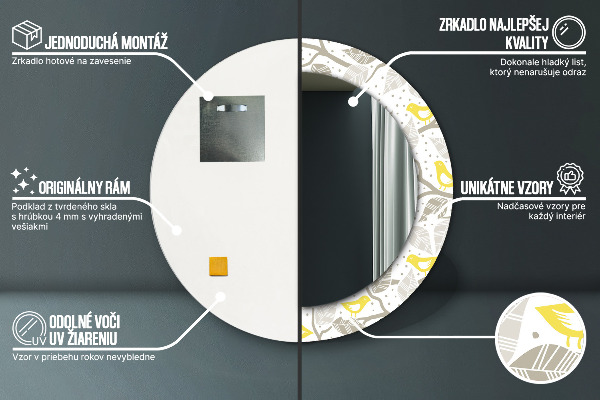 Oglinda rotunda imprimata Păsări galbene pe ramuri
