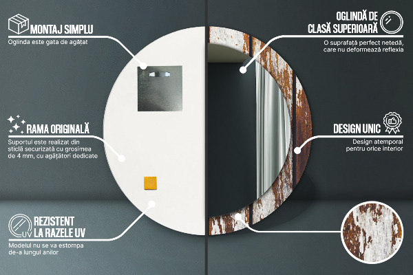 Oglinda rotunda imprimata Lemn întunecat vintage