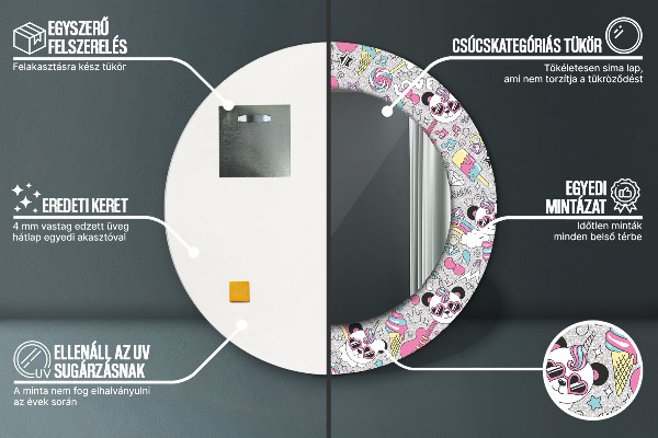 Oglinda rotunda imprimata Panda unicorn