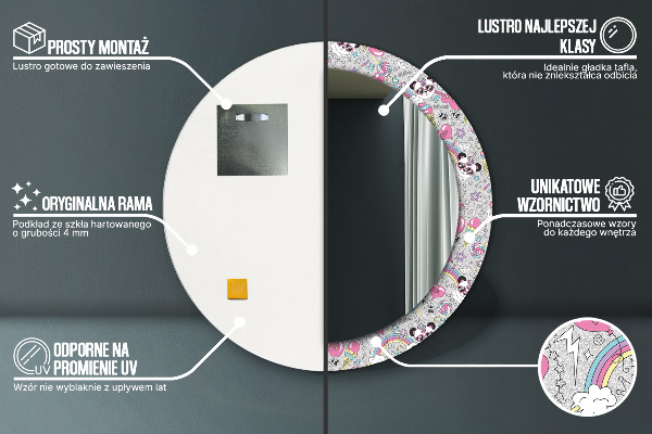 Oglinda rotunda imprimata Panda unicorn