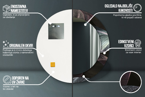 Oglinda rotunda imprimata Frunze tropicale întunecate