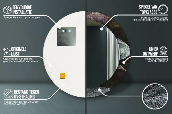Oglinda rotunda imprimata Frunze tropicale întunecate