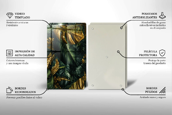 Placă sticla protectie aragaz Frunze de monstera aurii