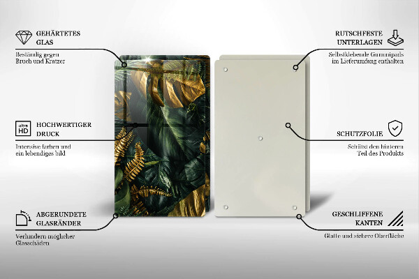 Placă sticla protectie aragaz Frunze de monstera aurii