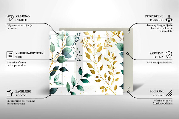 Placă sticla protectie aragaz Frunze verzi și aurii