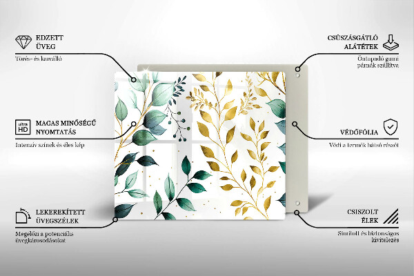 Placă sticla protectie aragaz Frunze verzi și aurii