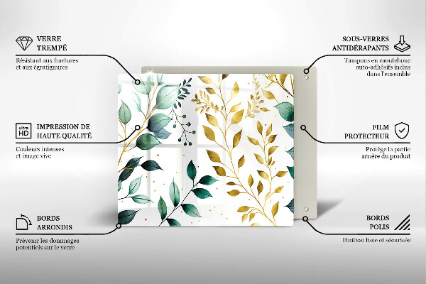 Placă sticla protectie aragaz Frunze verzi și aurii