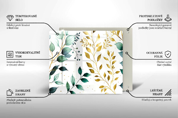 Placă sticla protectie aragaz Frunze verzi și aurii