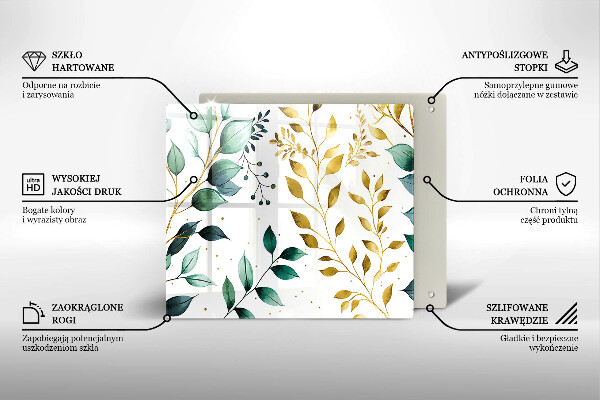 Placă sticla protectie aragaz Frunze verzi și aurii