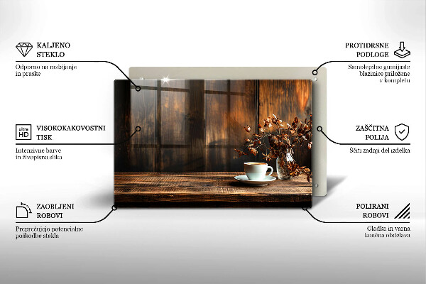 Placă din sticla protectie plita ceașcă de cafea și lemn